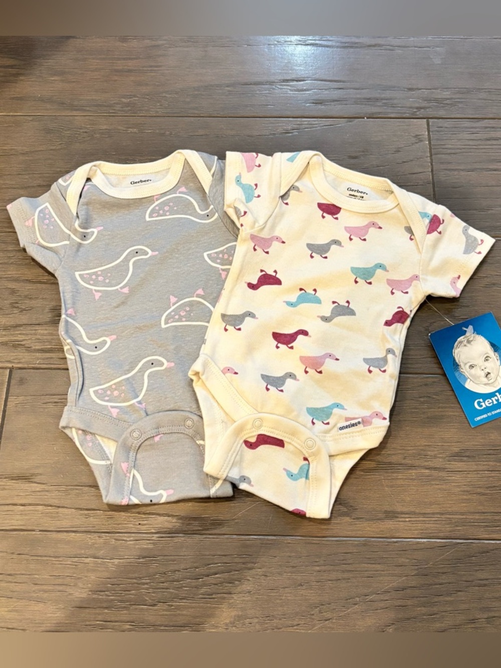 Gerber Baby One-Piece Bodysuits — Gray and Cream Duck Print Set size newborn